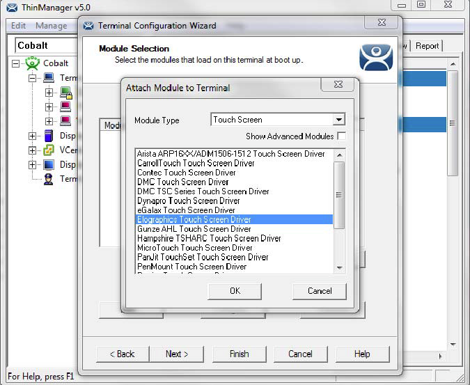 Attach Module to Terminal Window and the Module Selection Page